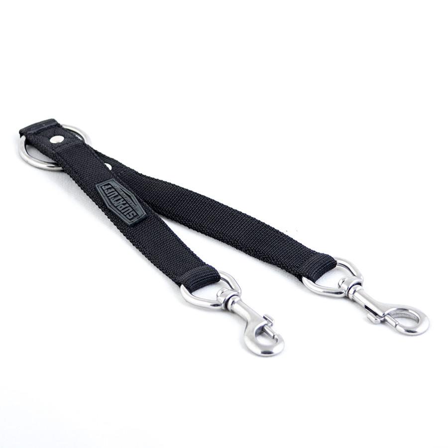 Flat view of the SupaTuff black handmade dog leash coupler. Stainless Steel fittings and ultra strong webbing. Walking two dogs together has never been easier! Lifetime Guaranteed!