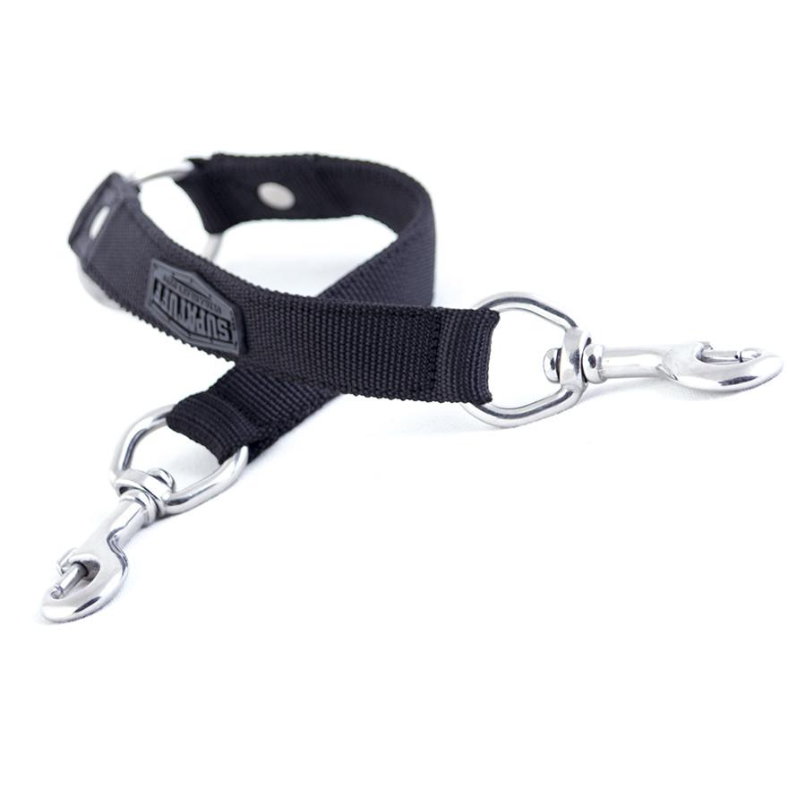 Front view of the SupaTuff black handmade dog leash coupler. Stainless Steel fittings and ultra strong webbing. Multi dog walking capability. Lifetime Guaranteed!