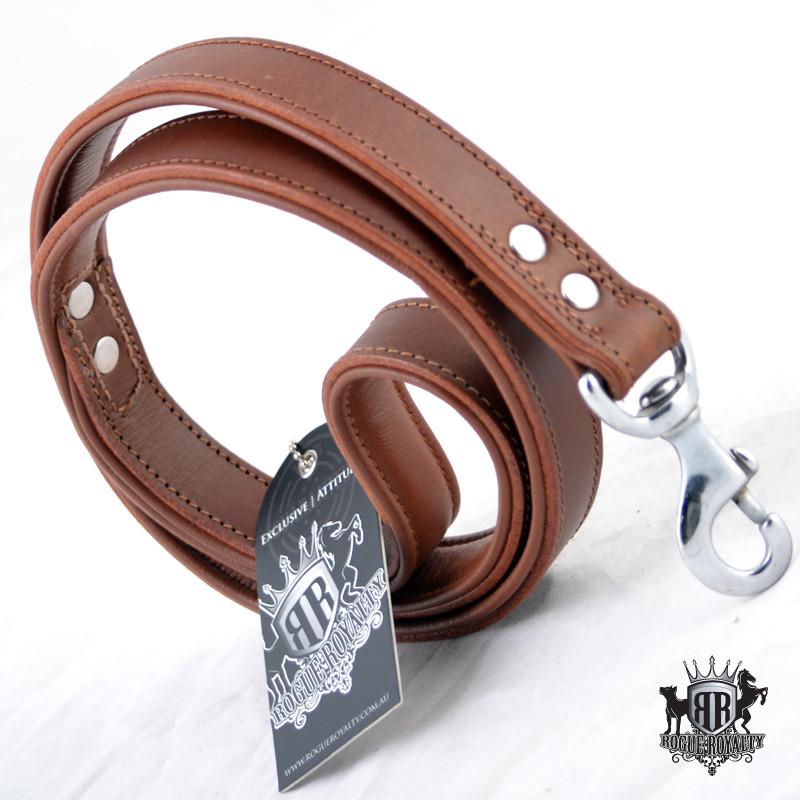 Side view of our plain brown handmade leather dog leash. Stainless steel fittings. Guaranteed to last 10 years!