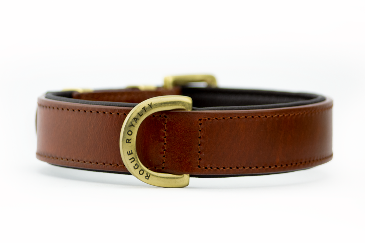 front view of handmade brown leather dog collar