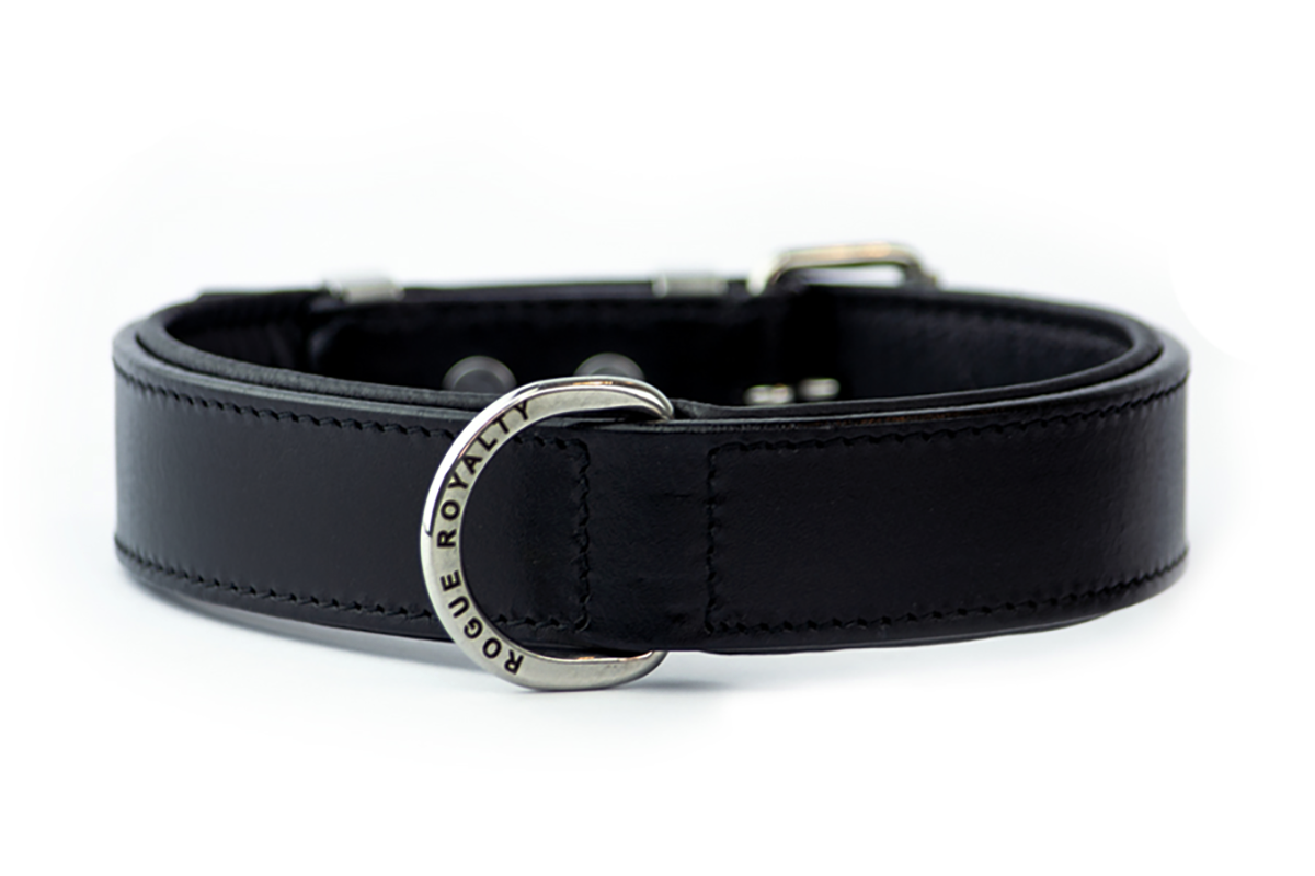 front view of handmade black leather dog collar with stainless steel fittings for extra strength