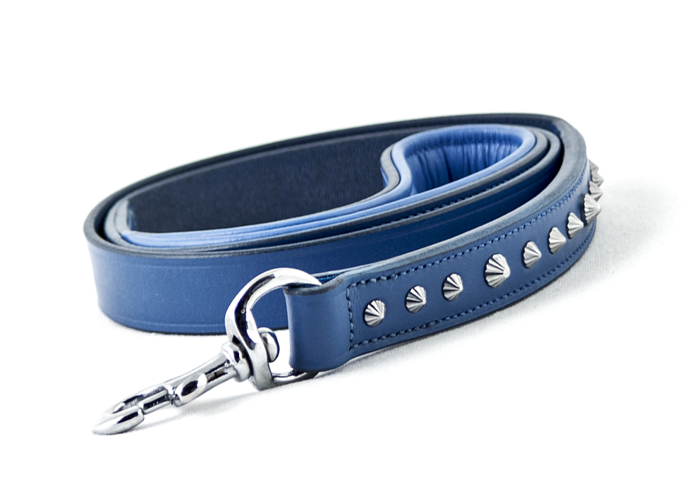  Imperial blue handmade leather leash. Stainless steel hand carved studs and fittings. 10 year guarantee!