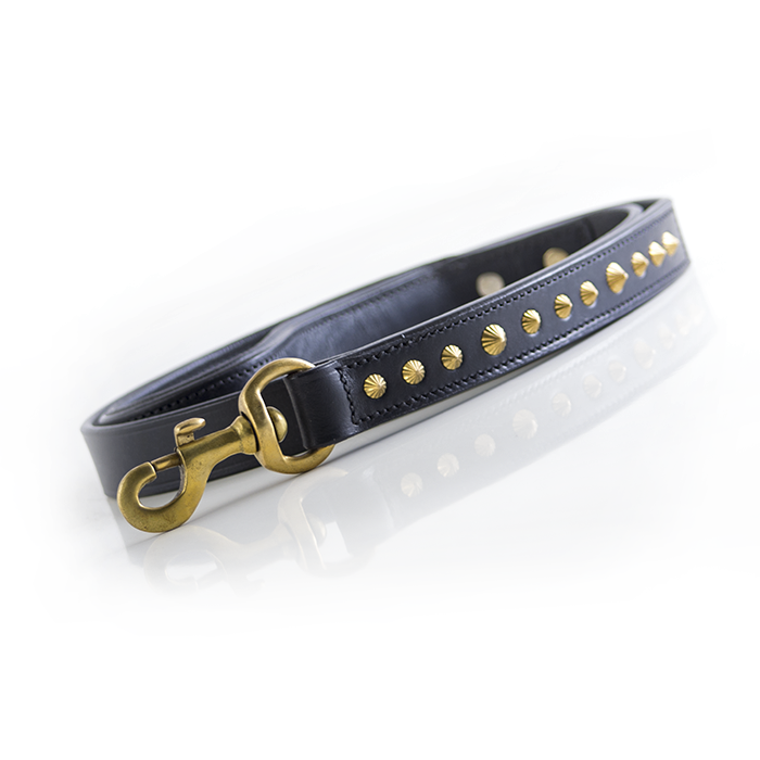 black bridle leather leash with brass diamond cut studs and fittings