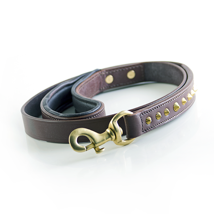 brown bridle leather leash with brass diamond cut studs and fittings