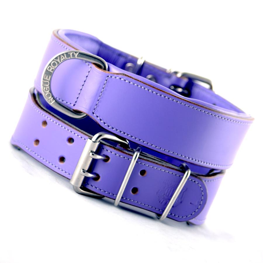 Front and back view of our purple plain hand made leather dog collar. Stainless steel fittings. Guaranteed to last 10 years!