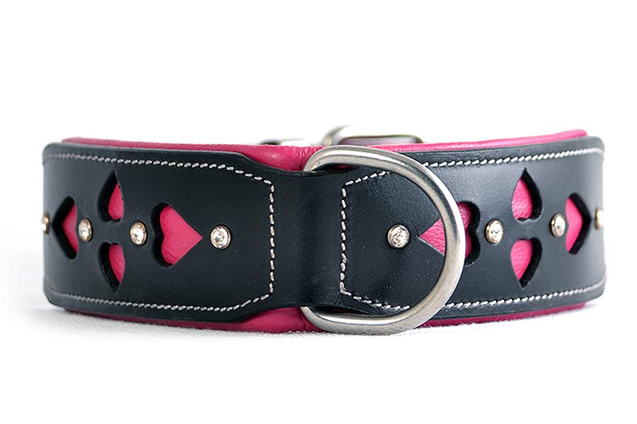Pink and black hand carved leather dog collars with hearts and diamontes. Designed in Australia for large dogs.