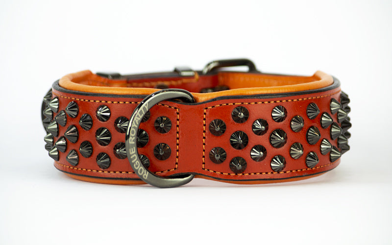 Hand Made Leather Dog Collar - Ruthless Orange &amp; Black (Wide Fit)