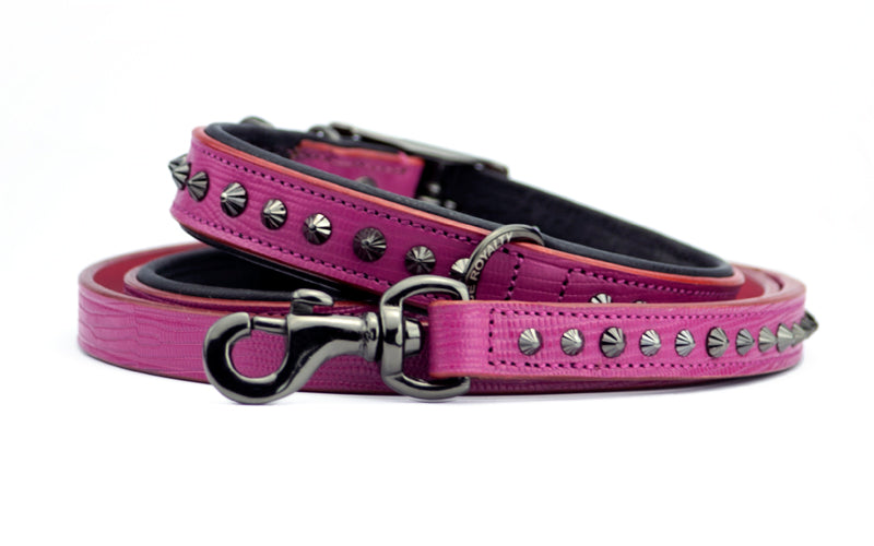 studded hot pink leather dog collar with matching handmade leather hot pink dog leash