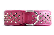 Front view of the Pink Ruffneck. Our handmade leather dog collar is designed in Australia and comes with a 10 year quality guarantee.