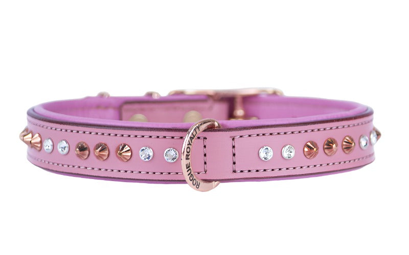 Hand Made Leather Dog Collar - Baby Pink Crystal &amp; Rose Gold (Slimfit)