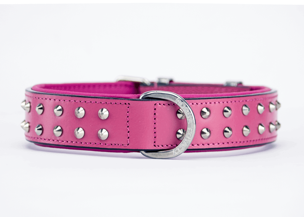 handmade Pink Leather dog collar with chrome studs