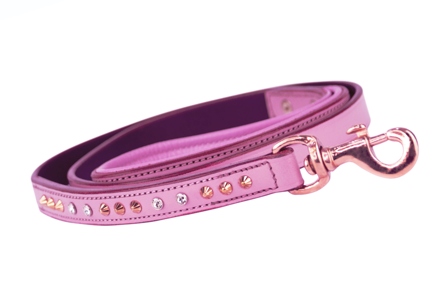Leather Dog Leash - Baby Pink Crystal &amp; Rose Gold Leash Slimline