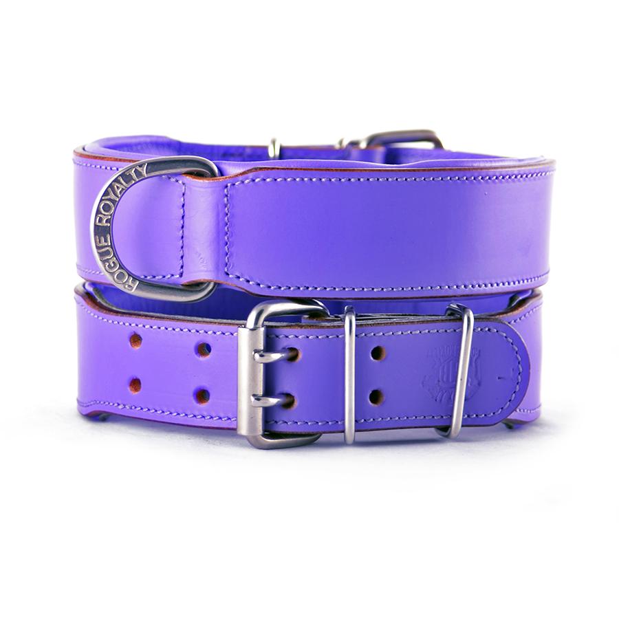 Front and back view of our purple plain hand made leather dog collar. Stainless steel fittings. Guaranteed to last 10 years!