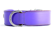 Side view of our purple plain hand made leather dog collar. Stainless steel fittings. Guaranteed to last 10 years!