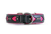 Side view of Stunning handmade pink and black leather dog collar with carved leather and genuine swarovski crystals set into quality leather base. Stainless steel D-Shackle and fittings