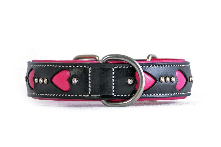Side view of Stunning handmade pink and black leather dog collar with carved leather and genuine swarovski crystals set into quality leather base. Stainless steel D-Shackle and fittings