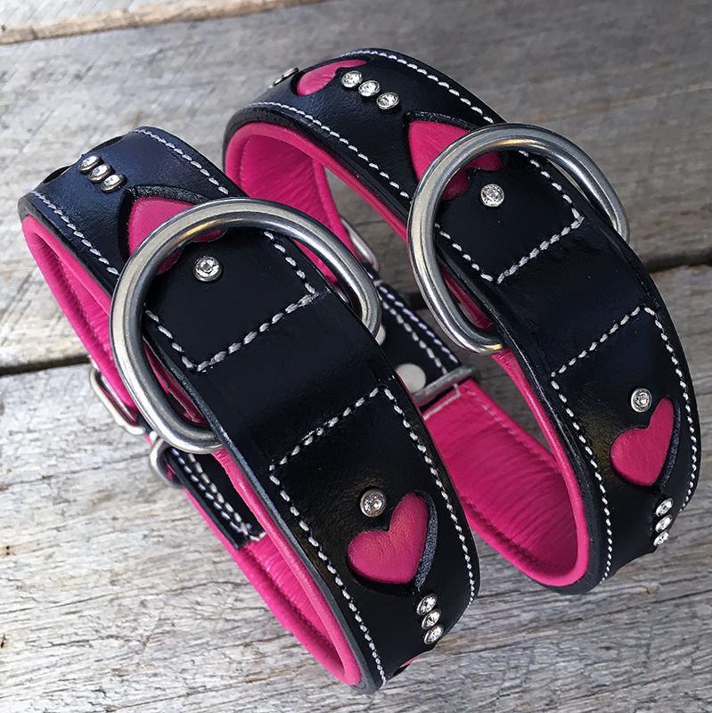 hand carved pink and black leather dog collars