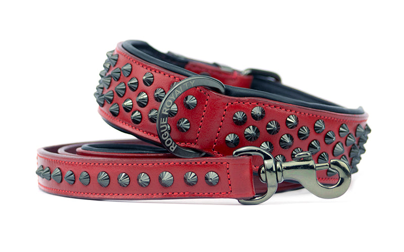 Australia&#39;s finest Handmade Leather Dog Collar – Front view of red leather dog collar with black steel fittings and matching hand made red leather leash  by Rogue Royalty