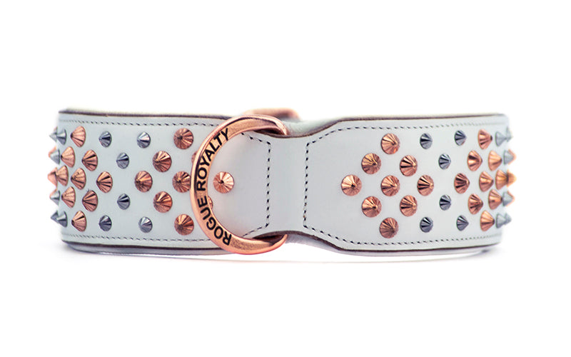 Rose gold, chrome and white leather dog collar  looks like a stunning designer dog collar. Designed in Sydney Australia.