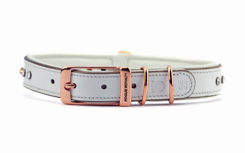 Rear view of Swarovski crystal rhinestones set in white leather dog collar  with rose gold fittings. A stylish luxury slimfit dog collar for small dogs and puppies.