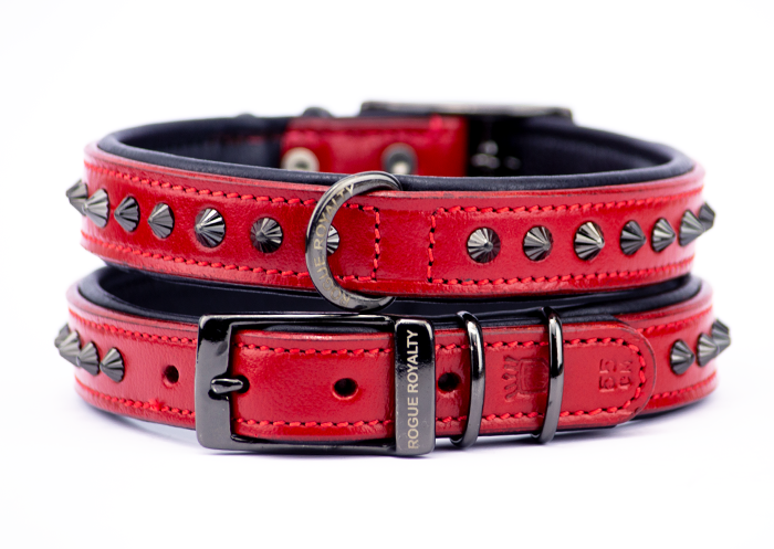 stylish Slimfit studded red dog collar is made from red leather and quality fittings.