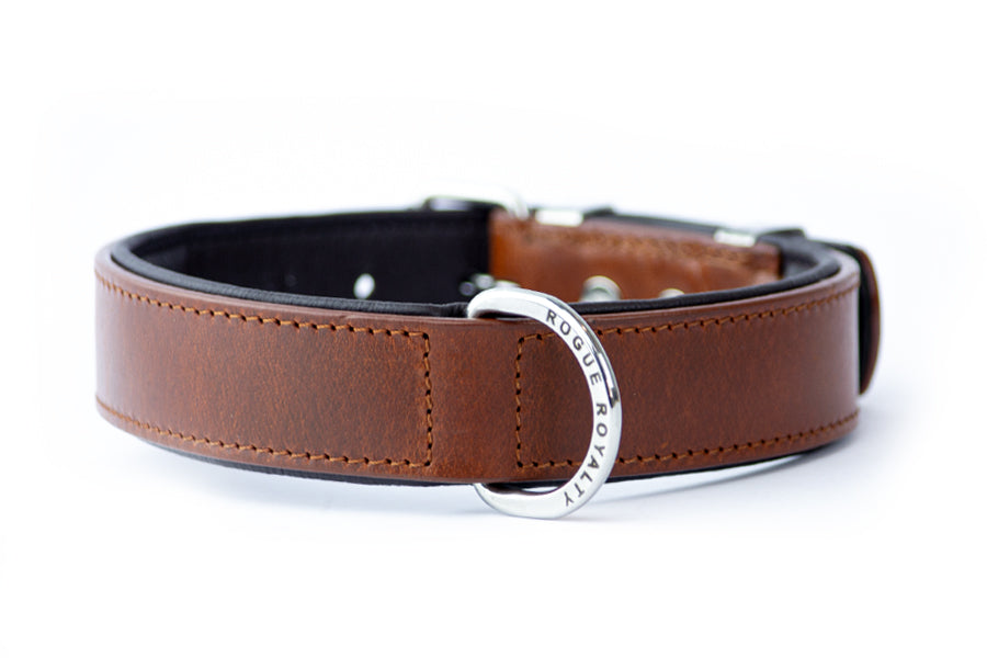 Hand Made Leather Dog Collar- Classic Brown Chrome (Regular Fit) 45cm x 45cm (Fits neck 25cm 33cm)