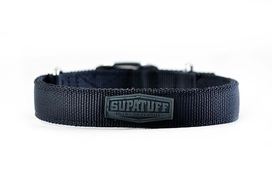 Front view of the SupaTuff black strong dog collar. Heavy duty webbing and stainless steel fittings.