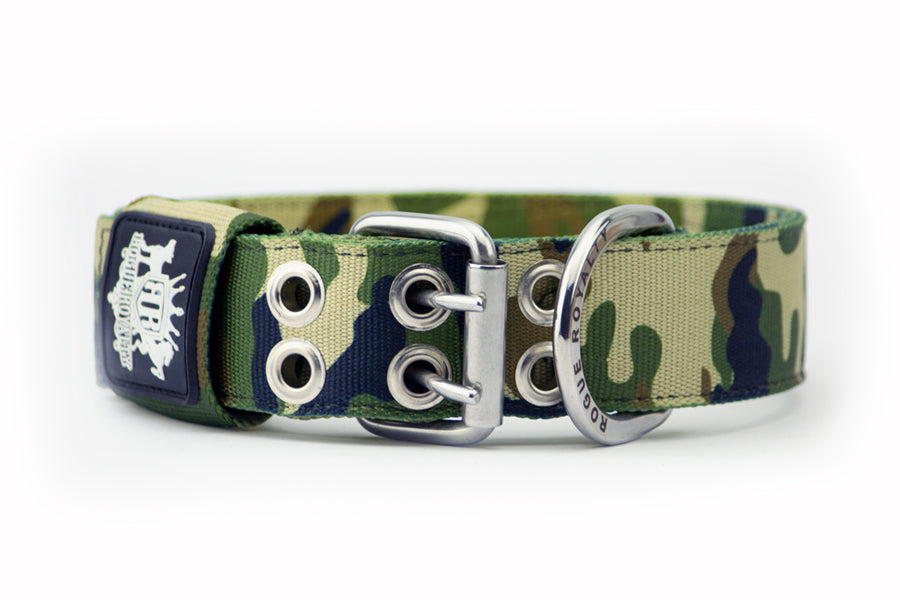 Front view of strong dog collar. SupaTuff camo dog collar with reinforced eyelets for extra strength