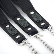 Detailed view of the black webbing dog chain leash. Quality at it's best. Guaranteed to last a lifetime!