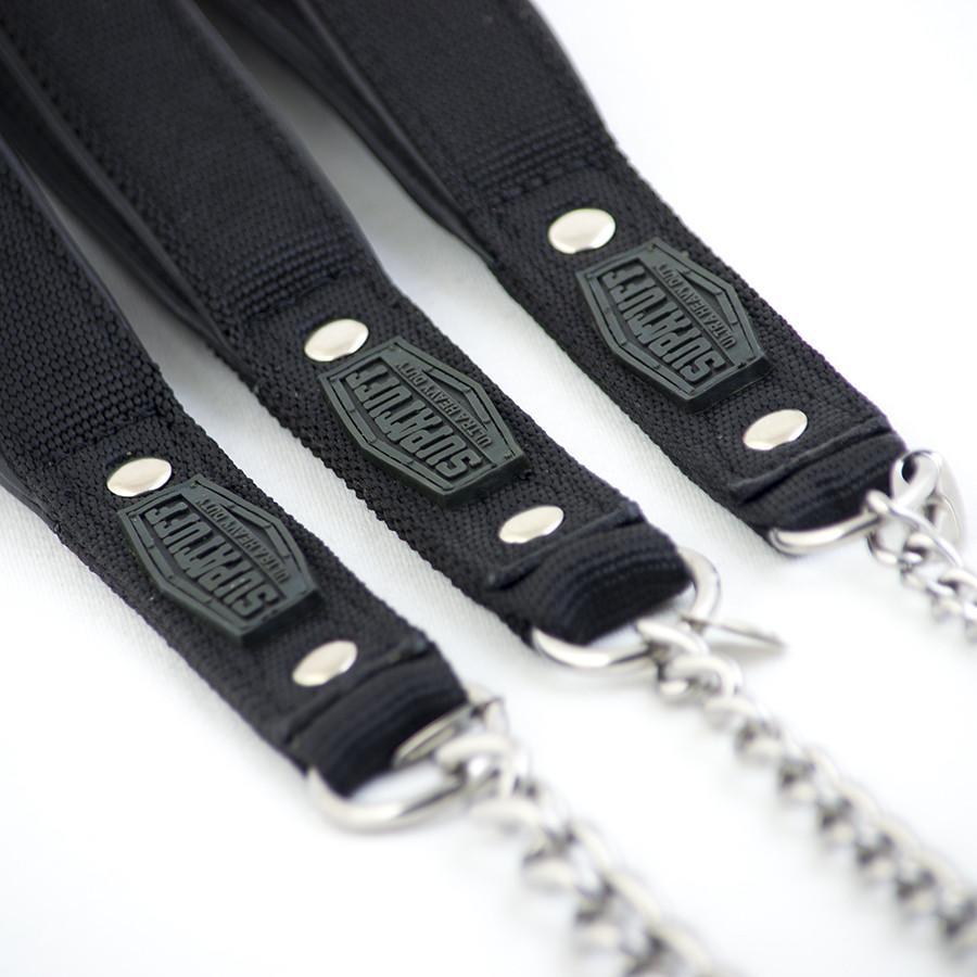 Detailed view of the black webbing dog chain leash. Quality at it's best. Guaranteed to last a lifetime!