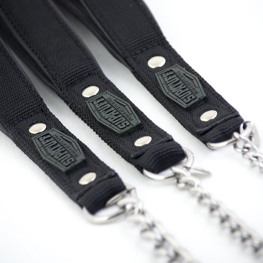 Detailed view of the black webbing dog chain leash. Quality at it&#39;s best. Guaranteed to last a lifetime!