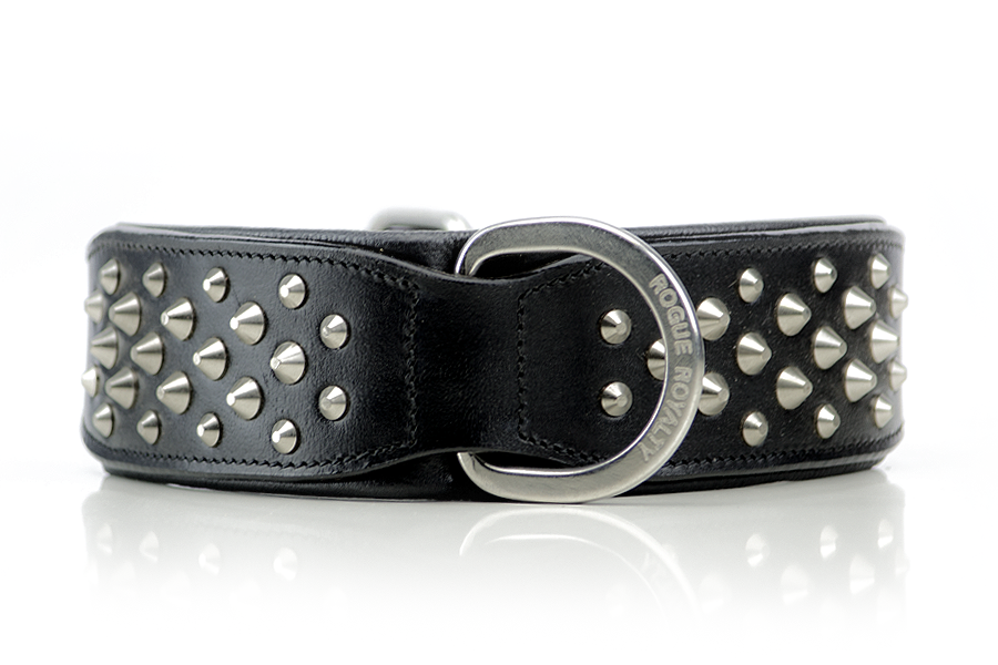 Black handmade leather dog collars with chrome studs for large dogs.