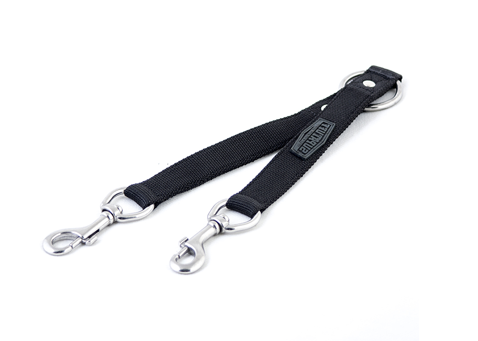 Flat view of the SupaTuff black handmade dog leash coupler. Stainless Steel fittings and ultra strong webbing. Walking two dogs together has never been easier! Lifetime Guaranteed!