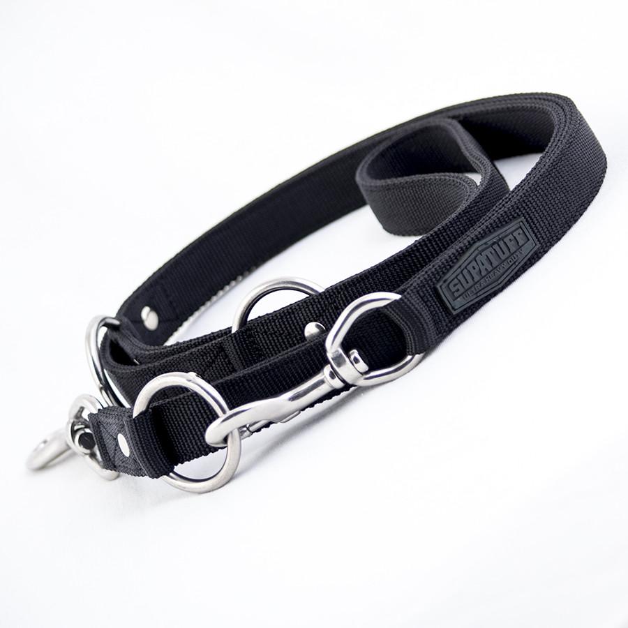 Side view of the ultra strong multifunction dog leash. Stainless steel fittings and latch paired with heavy duty webbing ensures this training leash will last a lifetime!