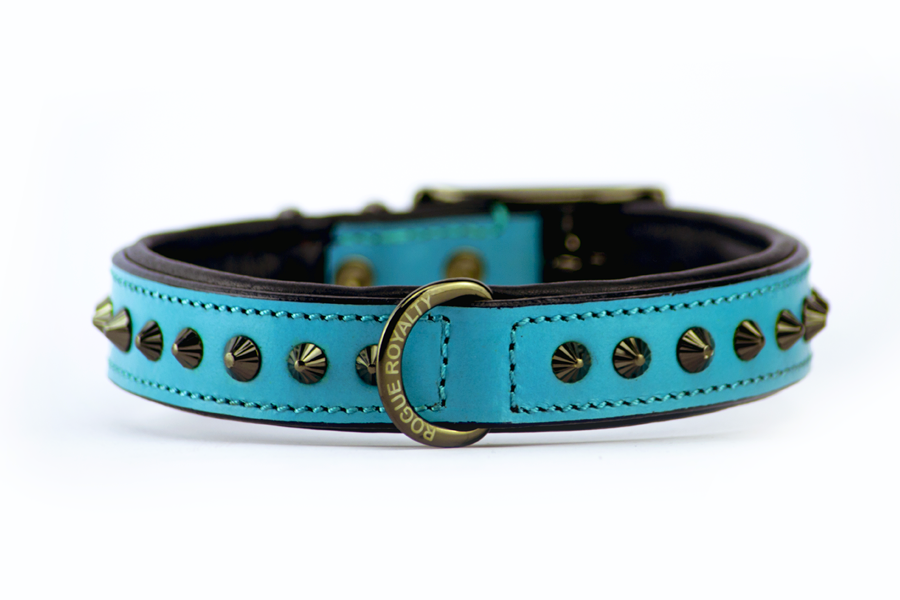 Hand Made Leather Dog Collar - Ruthless Teal &amp; Black (Slim Fit) - CLEARANCE