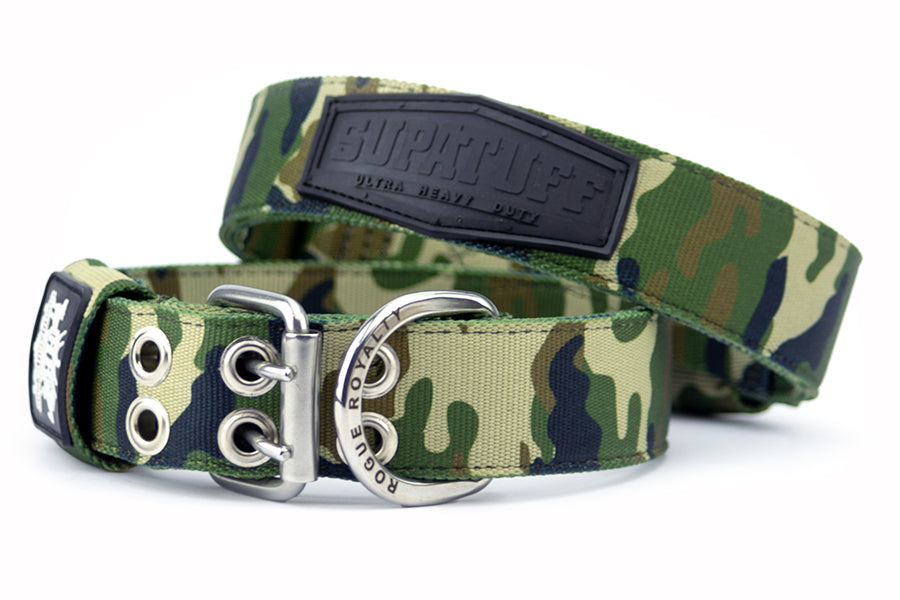 Rear view of strong dog collars. Camo dog collar with stainless steel buckles for extra strength