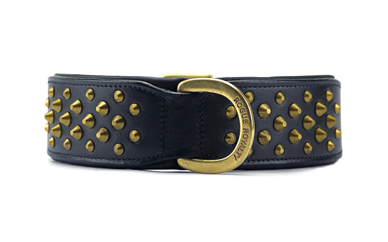 Front view of strong hand made black leather dog collar with brass studs and buckles